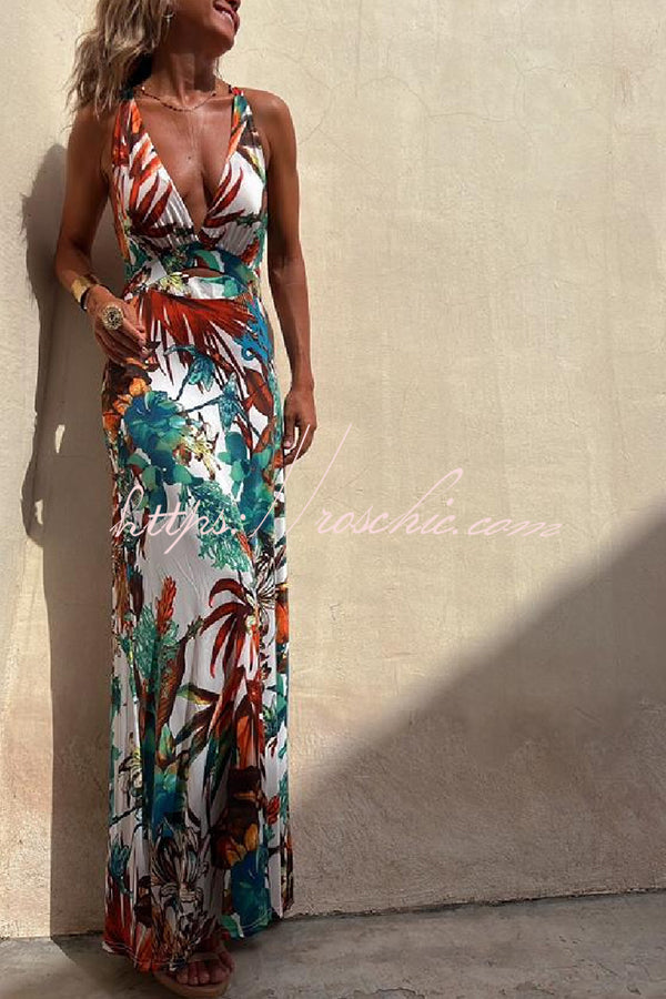 Tropical Print Cutout Back Maxi Dress – Vacation Stretch