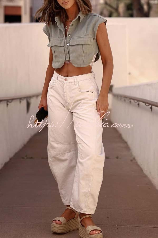 Denim Cape Sleeve Crop Top with Chest Pocket | Loose Fit