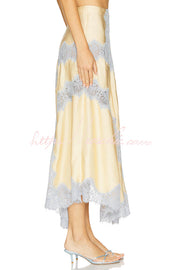 Satin Lace Trim High-Waist Midi Skirt with Irregular Hem