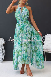 Floral Cutout Neck Pleated Midi Dress – Loose Fit