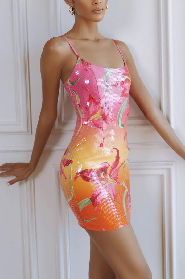 Sequin Printed Spaghetti Strap Slim-Fit Mini Dress