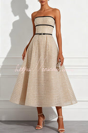 Sequin & Plaid Patchwork Strapless Midi Dress