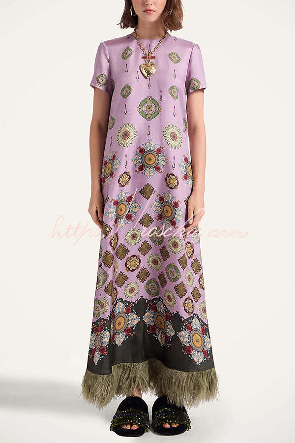 Satin Baroque Printed Maxi Dress with Feather Trim