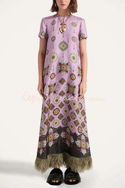 Satin Baroque Printed Maxi Dress with Feather Trim