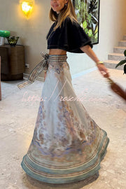 Linen Blend Paisley Maxi Skirt High Rise Tie Waist Vacation