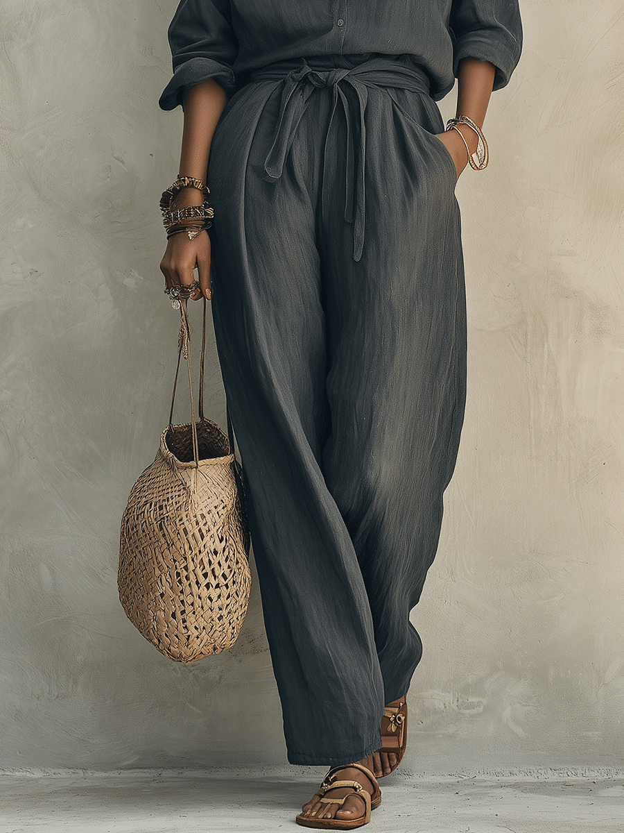 Midnight Grey Relaxed Two-Piece Pants Set for Vacation