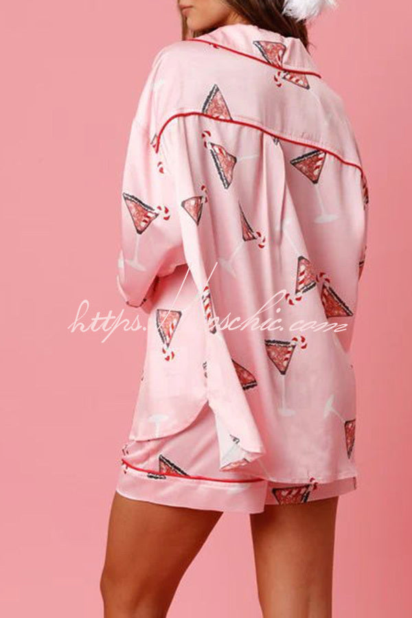Christmas Printed Pajama Shorts Set with Pockets
