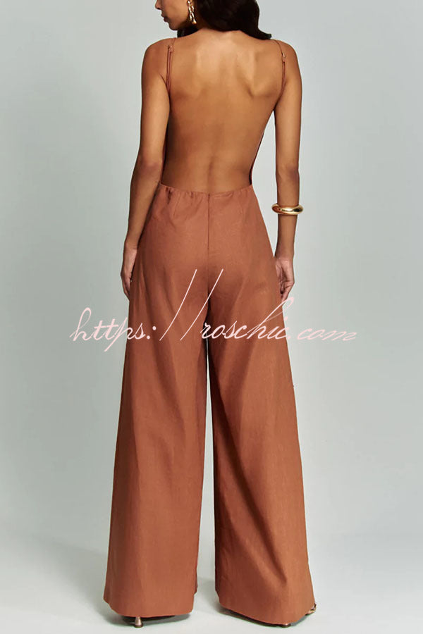 Linen Blend Wide Leg Jumpsuit with Square Neck & Pockets