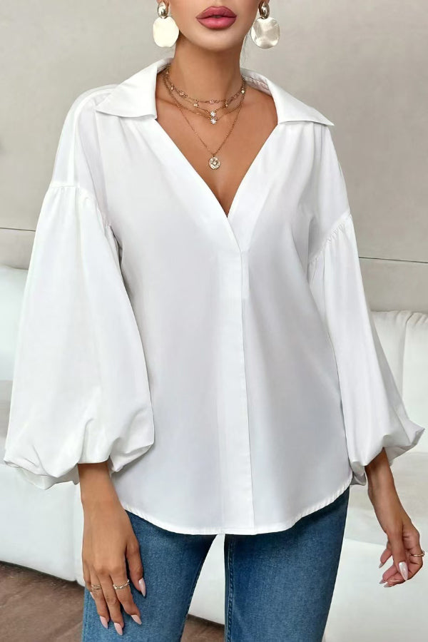 Polka Dot Puff Sleeve Collared Loose Blouse