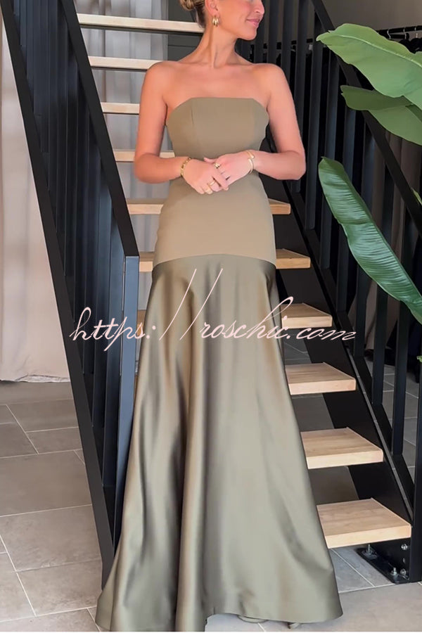 Robe longue évasée sans bretelles en satin – Robe de soirée