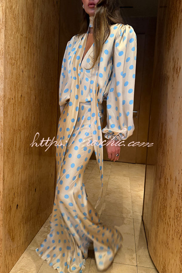 Satin Colorblock Polka Dot Balloon Sleeve Tie-Neck Blouse
