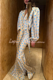 Satin Colorblock Polka Dot Balloon Sleeve Tie-Neck Blouse