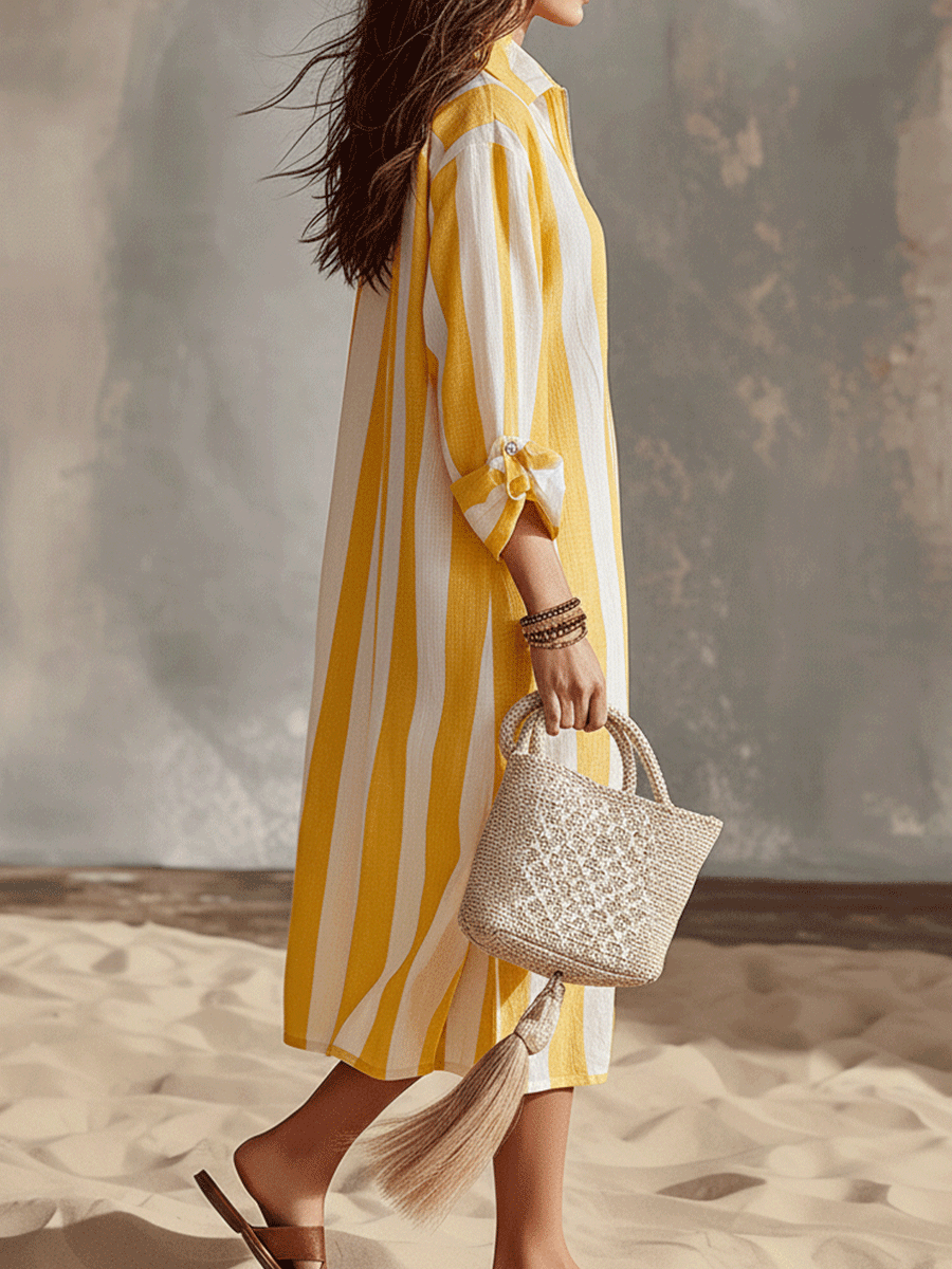 Yellow & White Stripe Relaxed Midi Dress for Resort Wear