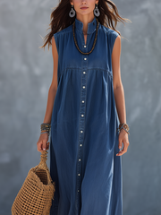 Indigo Washed Denim Shirt Maxi Dress | Boho Style