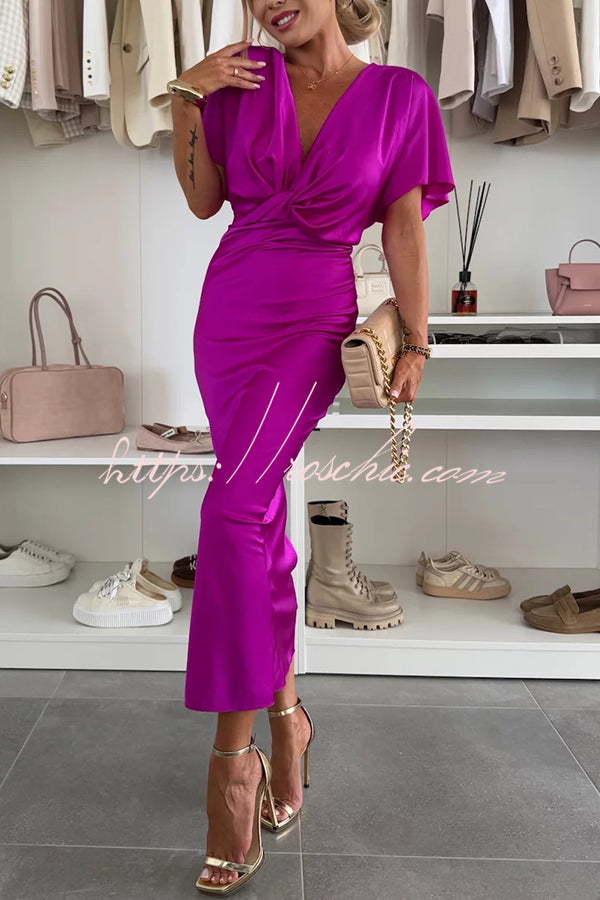 Satin V-Neck Cross Knot Slim Maxi Dress