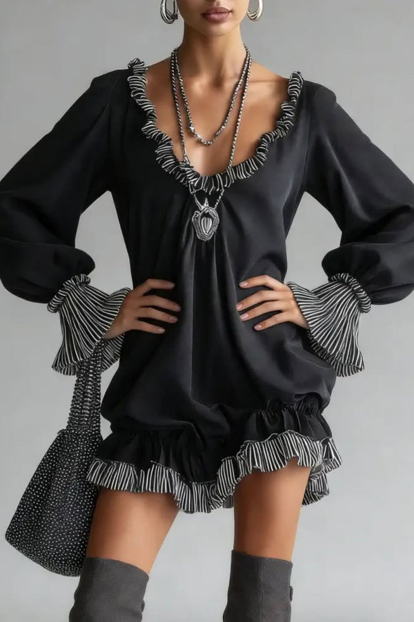 Patchwork Ruffle Mini Dress | Loose Long-Sleeve V-Neck