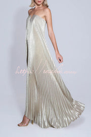 Metallic Pleated Off-Shoulder Maxi Dress with Asymmetric Hem