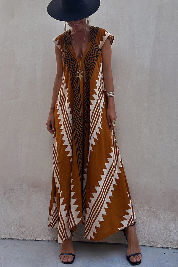 Ethnic Print V-Neck Maxi Dress – Loose Fit Vacation Style