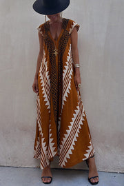 Ethnic Print V-Neck Maxi Dress – Loose Fit Vacation Style