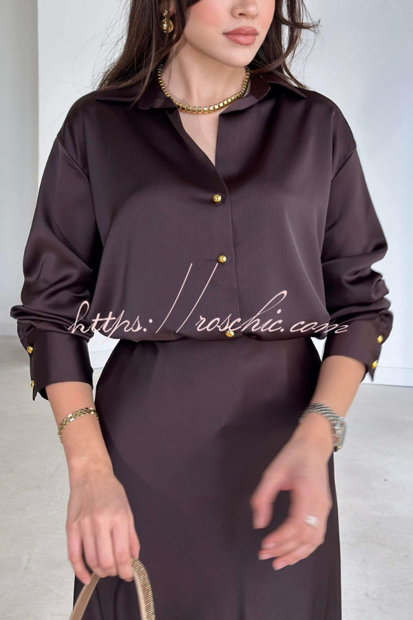 Satin Texture Long Sleeve Loose Shirt | Office Blouse