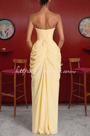 Chiffon Strapless Maxi Dress with Asymmetrical Pleats and Slit