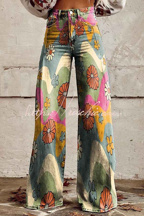 Floral Print Wide Leg Denim Pants with Pockets