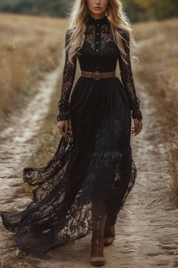 Lace Long Sleeve Maxi Dress | Hollow Holiday Style