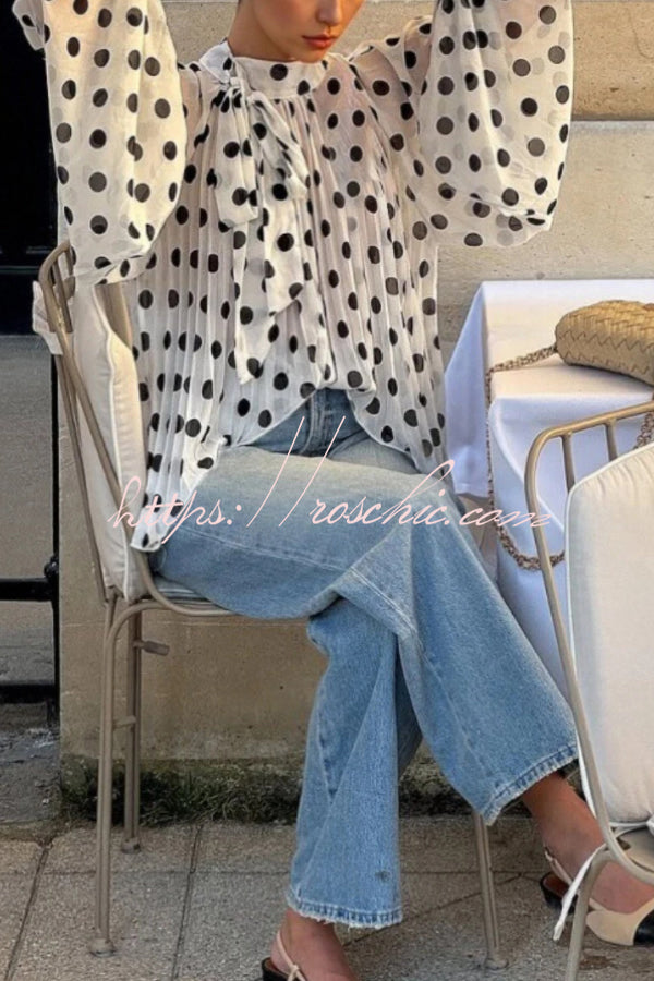 Polka Dot Lantern Sleeve Tie-Waist Loose Shirt