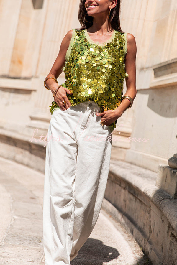 Sequin Sleeveless Vest Top | Loose Fit Round Neck