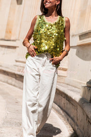 Sequin Sleeveless Vest Top | Loose Fit Round Neck