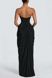 Chiffon Strapless Maxi Dress with Asymmetrical Pleats & Slit
