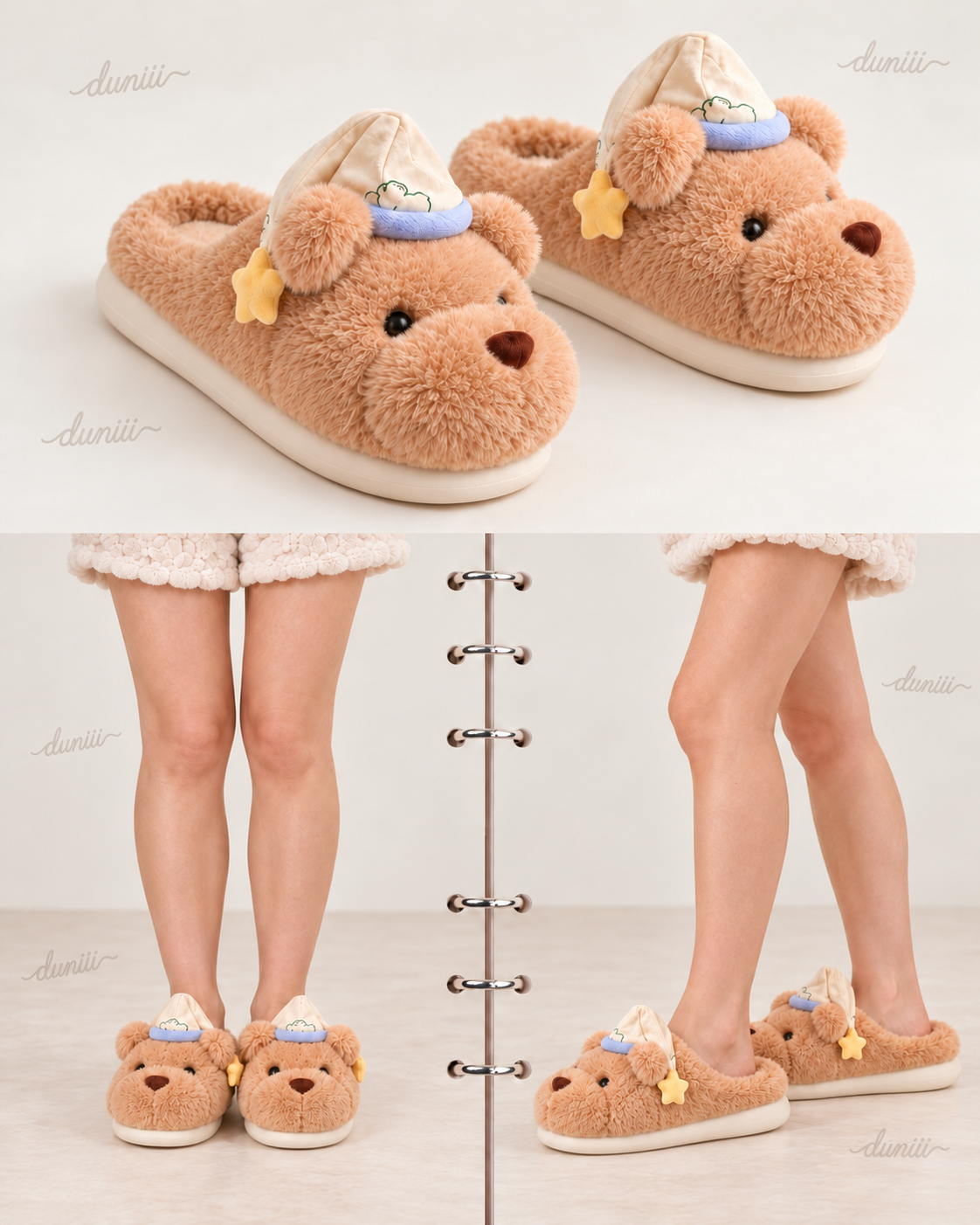 Duniii Plush Bear Face Slippers with Star Accents