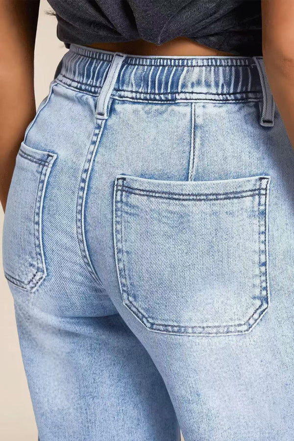Women's Loose Straight Leg Jeans with Elastic Waist & Pockets