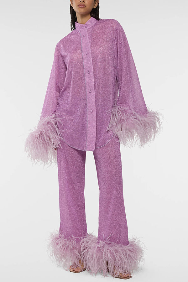 Ensemble de détente deux pièces à bordure en plumes scintillantes – manches longues et pantalon