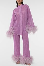Ensemble de détente deux pièces à bordure en plumes scintillantes – manches longues et pantalon