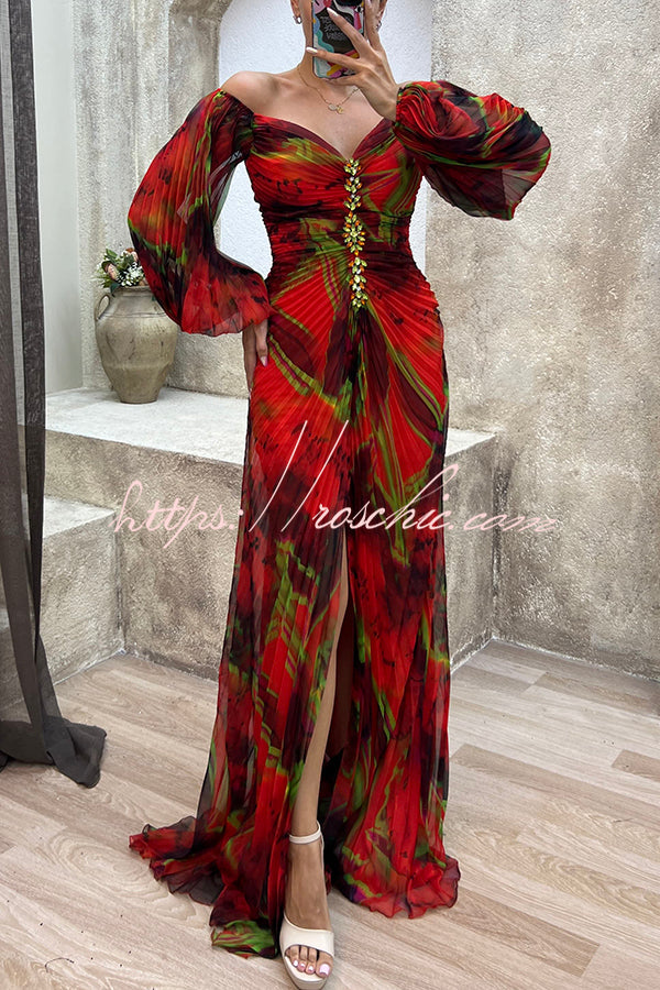 Off Shoulder Printed Pleated Maxi Dress with Diamond Detail