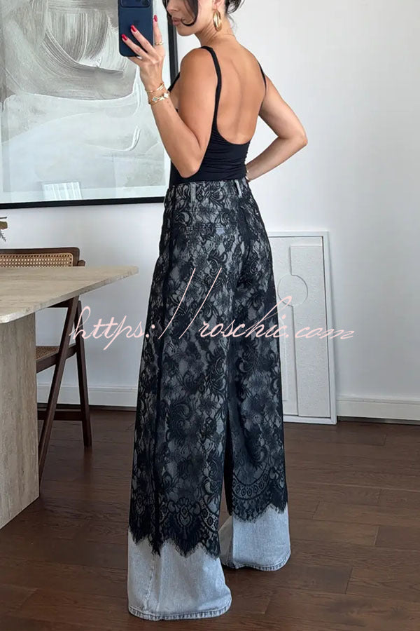 Wide Leg Jeans with Lace Patchwork Detail, High Rise