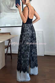 Wide Leg Jeans with Lace Patchwork Detail, High Rise