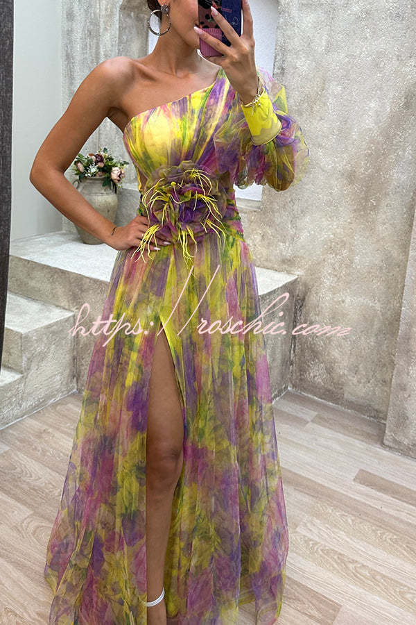 Tulle One-Shoulder Floral Pleated Slit Maxi Dress