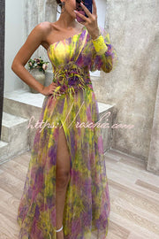 Tulle One-Shoulder Floral Pleated Slit Maxi Dress