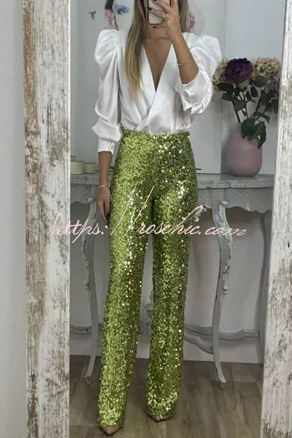 Sequin Wide Leg Pants High Rise Elastic Waist Party