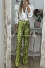 Sequin Wide Leg Pants High Rise Elastic Waist Party
