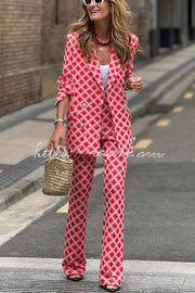 Printed Lapel Blazer & Flare Pants Set – Loose Fit