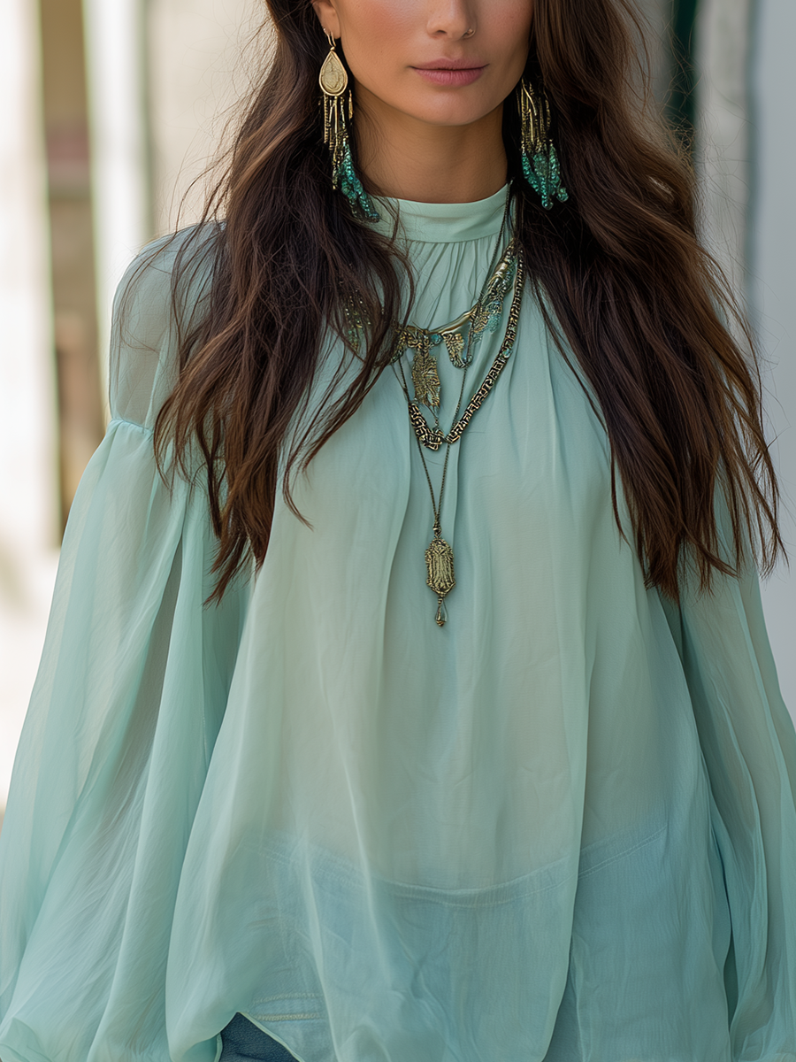 Sage Green Chiffon Long Sleeve Blouse – Relaxed Boho Fit