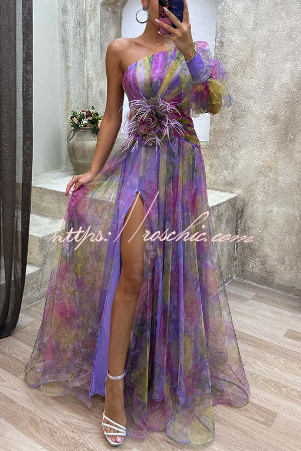 Tulle One-Shoulder Floral Pleated Slit Maxi Dress