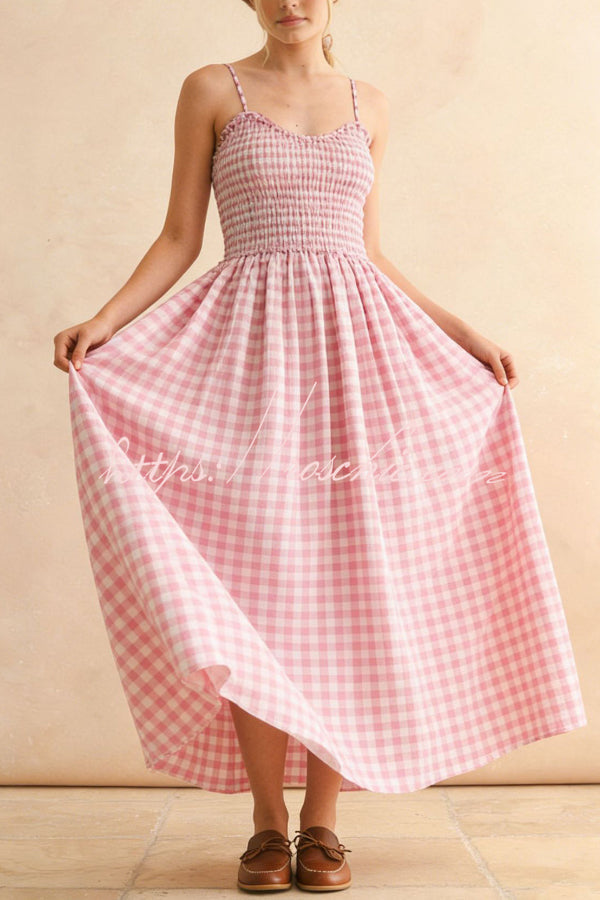 Plaid Print Ruched Maxi Dress with Pockets