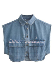 Denim Cape Sleeve Crop Top with Chest Pocket | Loose Fit