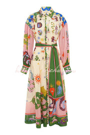 Linen Blend Balloon Sleeve Midi Dress with Belt
