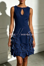 Pearl Trim Cutout Mini Dress with 3D Florals & Sleeveless