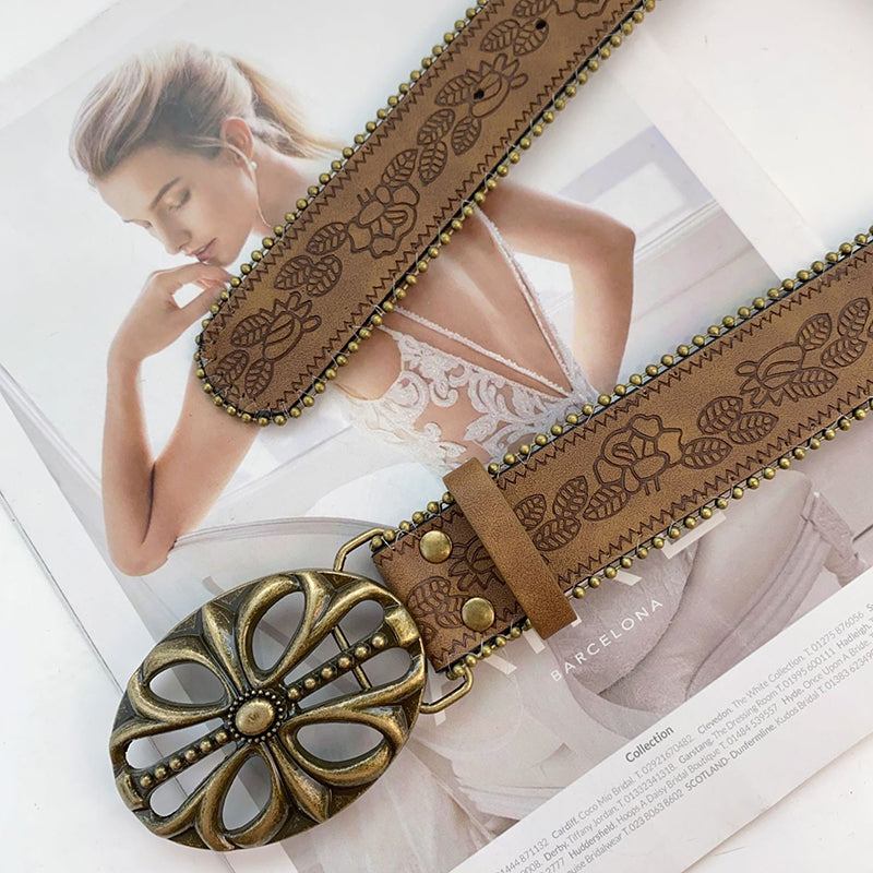 Retro Carved Faux Leather Belt – Brown, 3.8cm Wide